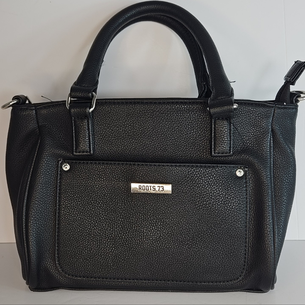 Roots 73 Black Pebbled Vegan Leather Satchel Purse Bag Multi-Pocket EUC